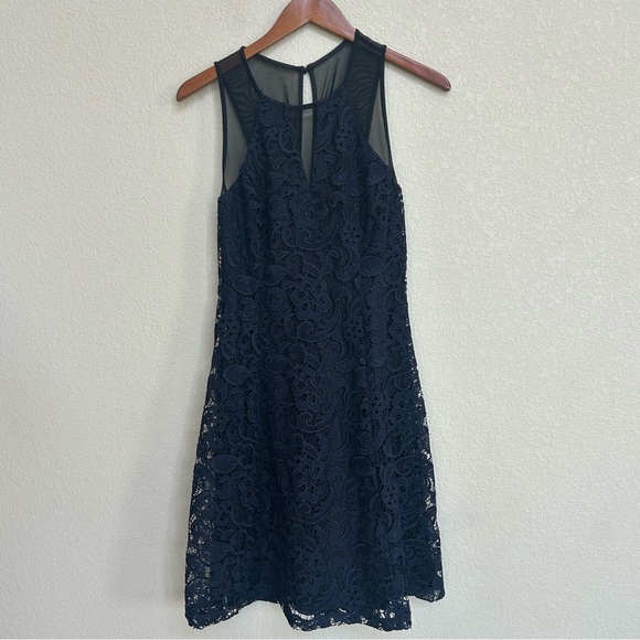 GUESS Women’s Illusion Lace Fit & Flare Dress Small Navy Blue Cocktail Party - Picture 1 of 9